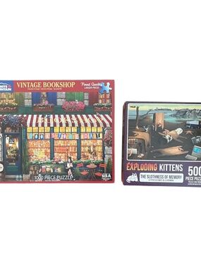 Puzzle Bundle White Mountain Vtg Bookshop 1000 PC #1488 Exploding Kittens 500 PC